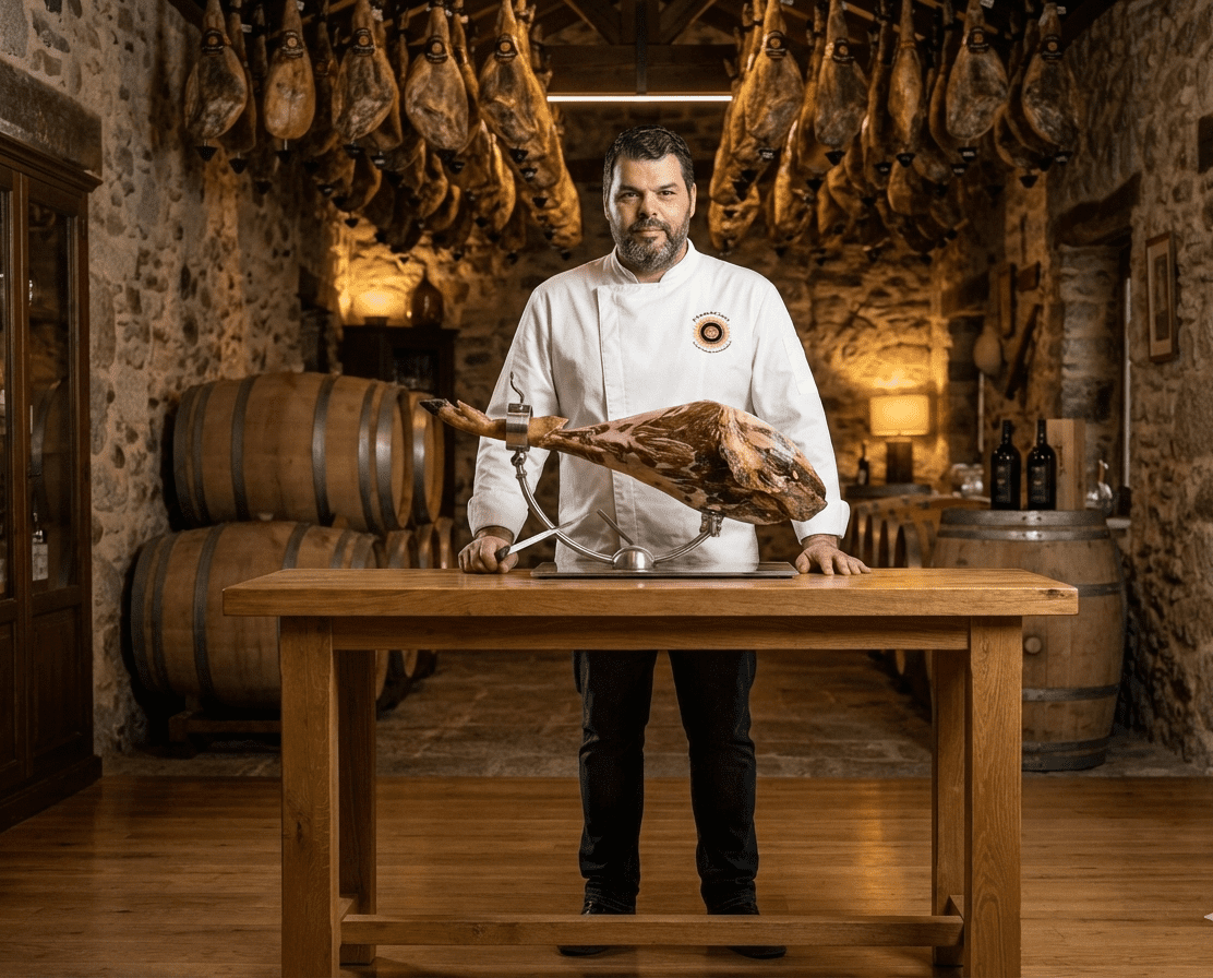 David presentando Lotes de Regalo Jamón ibérico de  Cebo Cortado a Cuchillo